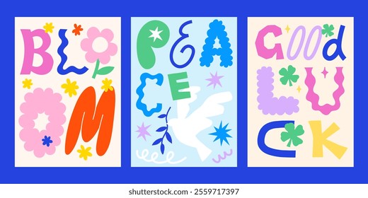 Creative positive phrases vector posters design set. Bright playful colorful abstract card templates