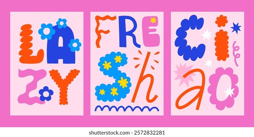 Creative positive pink vector posters design set. Bright playful colorful florals abstract card templates