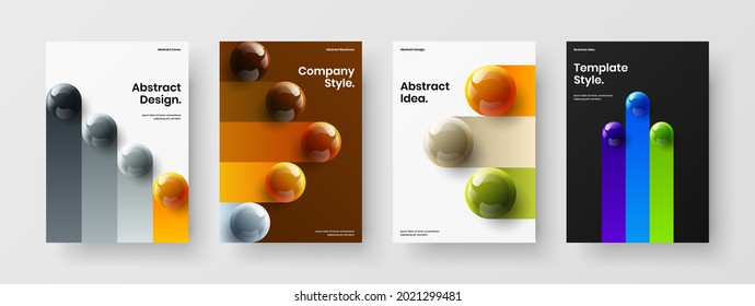 Creative postcard A4 design vector template set. Modern 3D balls handbill illustration composition.