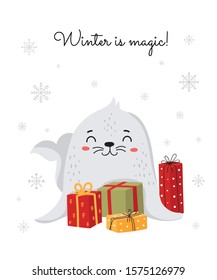 Creative postcard for Christmas and New Year with cute seal and winter slogan. Vector cartoon doodle isolated illustration. Winter holidays, baby shower, birthday, children's party