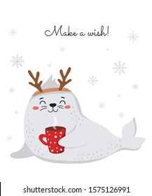 Creative postcard for Christmas and New Year with cute seal and winter slogan. Vector cartoon doodle isolated illustration. Winter holidays, baby shower, birthday, children's party