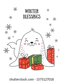 Creative postcard for Christmas and New Year with cute seal and winter slogan. Vector cartoon doodle isolated illustration. Winter holidays, baby shower, birthday, children's party