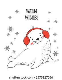 Creative postcard for Christmas and New Year with cute seal and winter slogan. Vector cartoon doodle isolated illustration. Winter holidays, baby shower, birthday, children's party