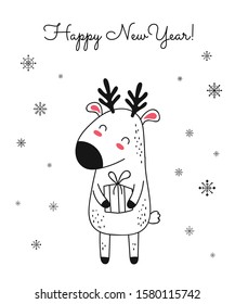 Creative postcard for Christmas and New Year with line drawing cute deer and winter slogan. Vector cartoon doodle isolated illustration. Winter holidays, baby shower, birthday, children's party