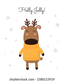 Creative postcard for Christmas and New Year with cute deer and winter slogan. Vector cartoon doodle isolated illustration. Winter holidays, baby shower, birthday, children's party