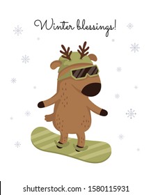 Creative postcard for Christmas and New Year with cute deer and winter slogan. Vector cartoon doodle isolated illustration. Winter holidays, baby shower, birthday, children's party