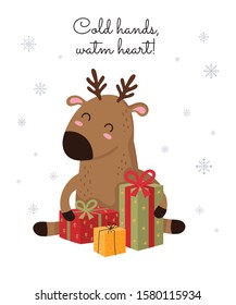 Creative postcard for Christmas and New Year with cute deer and winter slogan. Vector cartoon doodle isolated illustration. Winter holidays, baby shower, birthday, children's party