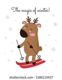 Creative postcard for Christmas and New Year with cute deer and winter slogan. Vector cartoon doodle isolated illustration. Winter holidays, baby shower, birthday, children's party