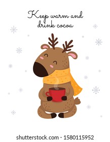 Creative postcard for Christmas and New Year with cute deer and winter slogan. Vector cartoon doodle isolated illustration. Winter holidays, baby shower, birthday, children's party