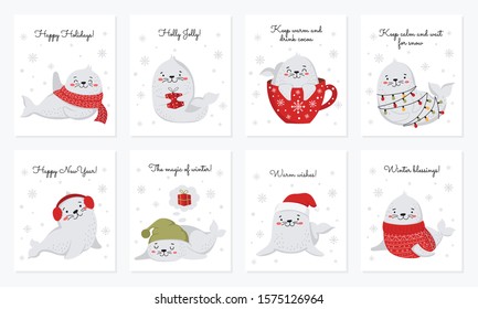 Creative postcard collection for Christmas and New Year with cute seals and winter slogan. Vector cartoon doodle isolated illustration. Winter holidays, baby shower, birthday, children's party. 