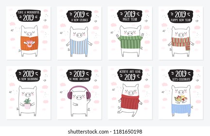Creative postcard collection. New 2019 Year with cute pigs. Symbol of the year in the Chinese calendar. Vector illustration cartoon isolated. Year of yellow pig.
