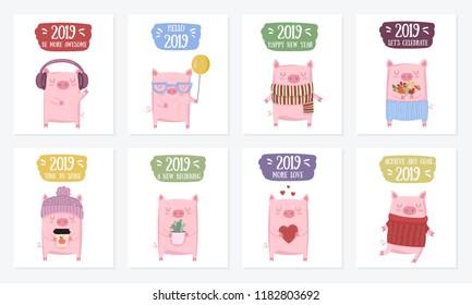 Creative postcard collection. New 2019 Year with cute pigs. Symbol of the year in the Chinese calendar. Vector illustration cartoon isolated. Year of yellow pig.
