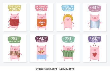 Creative postcard collection. New 2019 Year with cute pigs. Symbol of the year in the Chinese calendar. Vector illustration cartoon isolated. Year of yellow pig.
