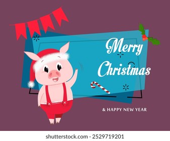 Creative postcard design with piglet. Creative inscription with piglet in red jumpsuit on abstract background. Can be used for postcards, invitations, greeting cards