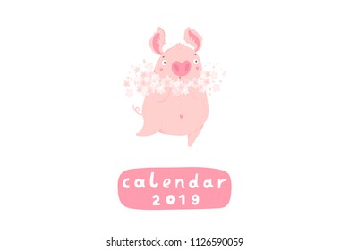 Creative postcard for New 2019 Year with cute pig. Concept, vector vertical editable template. Symbol of the year in the Chinese calendar. Cartoon. Isolated. Vector illustration. Year of yellow pig