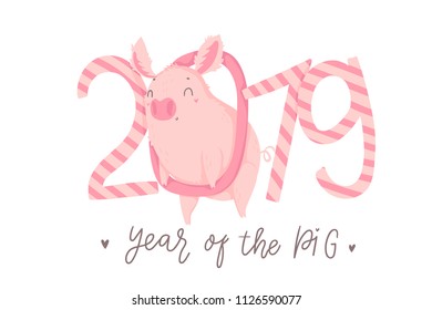 Creative postcard for New 2019 Year with cute pig. Concept, vector vertical editable template. Symbol of the year in the Chinese calendar. Cartoon. Isolated. Vector illustration. Year of yellow pig