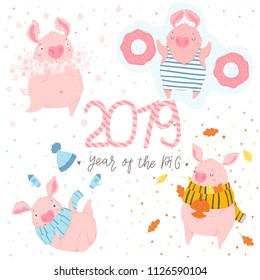 Creative postcard for New 2019 Year with cute pig. Concept, vector vertical editable template. Symbol of the year in the Chinese calendar. Cartoon. Isolated. Vector illustration