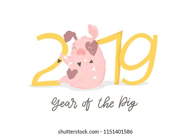 Creative postcard for New 2019 Year with cute pig. Year of yellow pig - symbol of the year in the Chinese calendar. Cartoon. Isolated. Vector illustration. Year of yellow pig
