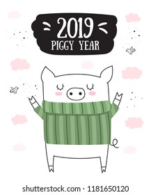 Creative postcard for New 2019 Year with cute pig. Symbol of the year in the Chinese calendar. Vector illustration cartoon isolated. Year of yellow pig.
