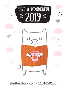 Creative postcard for New 2019 Year with cute pig. Symbol of the year in the Chinese calendar. Vector illustration cartoon isolated. Year of yellow pig.
