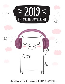 Creative postcard for New 2019 Year with cute pig. Symbol of the year in the Chinese calendar. Vector illustration cartoon isolated. Year of yellow pig.
