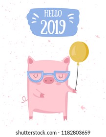 Creative postcard for New 2019 Year with cute pig. Symbol of the year in the Chinese calendar. Vector illustration cartoon isolated. Year of yellow pig.
