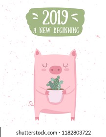 Creative postcard for New 2019 Year with cute pig. Symbol of the year in the Chinese calendar. Vector illustration cartoon isolated. Year of yellow pig.