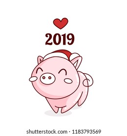 Creative postcard for New 2019 Year with cute pig. Happy New Year. Chinese symbol of the 2019 year. Excellent festive gift card. Cartoon Vector illustration on white background.
