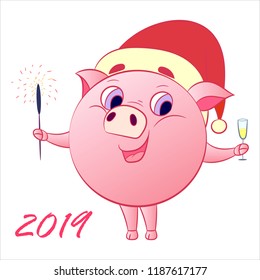 Creative postcard for New 2019 Year with cute pig. Concept, vector vertical editable template. Symbol of the year in the Chinese calendar. Cartoon. Isolated. Vector illustration. Year of yellow pig