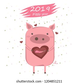 Creative postcard for New 2019 Year with cute pig. Illustration cartoon isolated. Vector