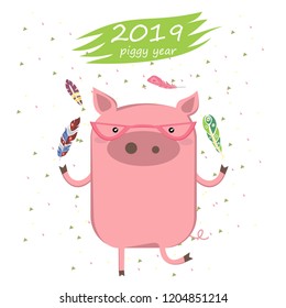 Creative postcard for New 2019 Year with cute pig. Illustration cartoon isolated. Vector
