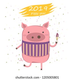 Creative postcard for New 2019 Year with cute pig. Illustration cartoon isolated. Vector