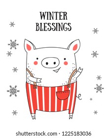Creative postcard for New 2019 Year with cute pig and winter slogan. Symbol of the year in the Chinese calendar. Vector cartoon isolated illustration. Year of yellow pig.