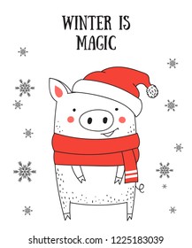 Creative postcard for New 2019 Year with cute pig and winter slogan. Symbol of the year in the Chinese calendar. Vector cartoon isolated illustration. Year of yellow pig.