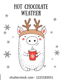 Creative postcard for New 2019 Year with cute pig and winter slogan. Symbol of the year in the Chinese calendar. Vector cartoon isolated illustration. Year of yellow pig.