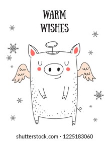 Creative postcard for New 2019 Year with cute pig and winter slogan. Symbol of the year in the Chinese calendar. Vector cartoon isolated illustration. Year of yellow pig.