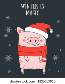 Creative postcard for New 2019 Year with cute pig and winter slogan. Symbol of the year in the Chinese calendar. Vector cartoon isolated illustration. Year of yellow pig.