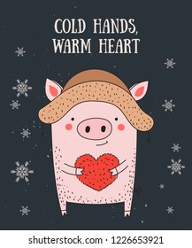 Creative postcard for New 2019 Year with cute pig and winter slogan. Symbol of the year in the Chinese calendar. Vector cartoon isolated illustration. Year of yellow pig.
