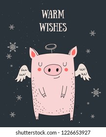 Creative postcard for New 2019 Year with cute pig and winter slogan. Symbol of the year in the Chinese calendar. Vector cartoon isolated illustration. Year of yellow pig.