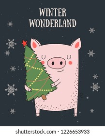 Creative postcard for New 2019 Year with cute pig and winter slogan. Symbol of the year in the Chinese calendar. Vector cartoon isolated illustration. Year of yellow pig.