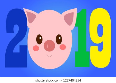 Creative postcard for New 2019 Year with cute pig. Concept, vector vertical editable template. Symbol of the year in the Chinese calendar. Cartoon. Isolated. Vector illustration. Year of yellow pig