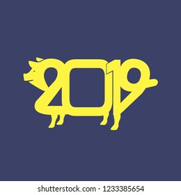 Creative postcard for New 2019 Year with cute pig. Concept, vector vertical editable template. Symbol of the year in the Chinese calendar. Cartoon. Isolated. Vector illustration. Year of yellow pig