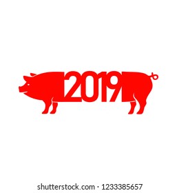 Creative postcard for New 2019 Year with cute pig. Concept, vector vertical editable template. Symbol of the year in the Chinese calendar. Cartoon. Isolated. Vector illustration. Year of yellow pig