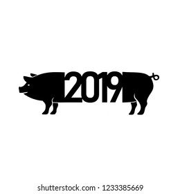 Creative postcard for New 2019 Year with cute pig. Concept, vector vertical editable template. Symbol of the year in the Chinese calendar. Cartoon. Isolated. Vector illustration. Year of yellow pig