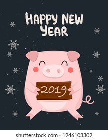 Creative postcard for New 2019 Year with cute pig and winter slogan. Symbol of the year in the Chinese calendar. Vector cartoon isolated illustration. Year of yellow pig.