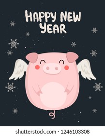Creative postcard for New 2019 Year with cute pig and winter slogan. Symbol of the year in the Chinese calendar. Vector cartoon isolated illustration. Year of yellow pig.