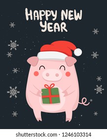 Creative postcard for New 2019 Year with cute pig and winter slogan. Symbol of the year in the Chinese calendar. Vector cartoon isolated illustration. Year of yellow pig.