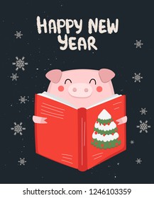 Creative postcard for New 2019 Year with cute pig and winter slogan. Symbol of the year in the Chinese calendar. Vector cartoon isolated illustration. Year of yellow pig.