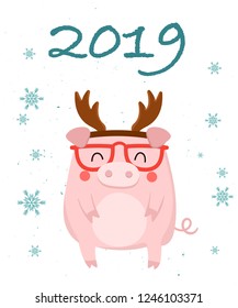 Creative postcard for New 2019 Year with cute pig. Symbol of the year in the Chinese calendar. Vector cartoon isolated illustration. Year of yellow pig.