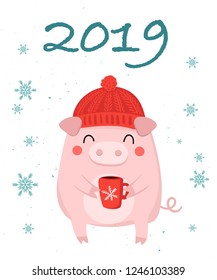 Creative postcard for New 2019 Year with cute pig. Symbol of the year in the Chinese calendar. Vector cartoon isolated illustration. Year of yellow pig.